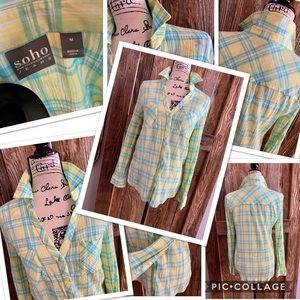 EUC yellow & blue plaid button down